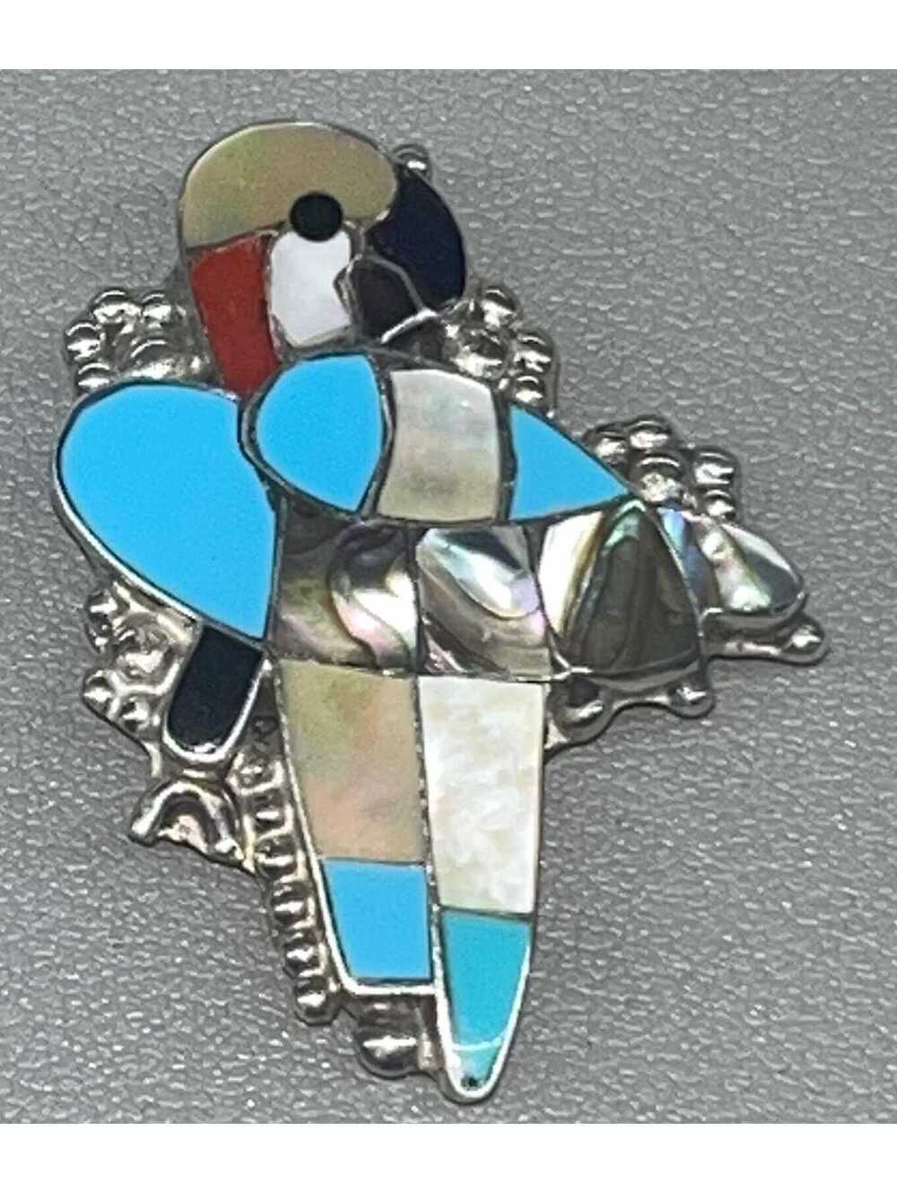Zuni sterling silver turquoise and coral mother of pearl parrot pendant/pin